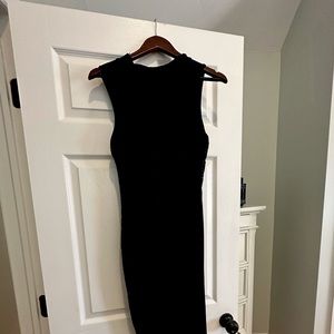 Navy blue high neck sleeveless midi fitted dress. Lace overlay in front Medium